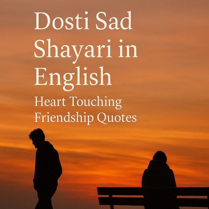 Dosti sad shayari in English feature image showing two friends walking apart at sunset with emotional quote background